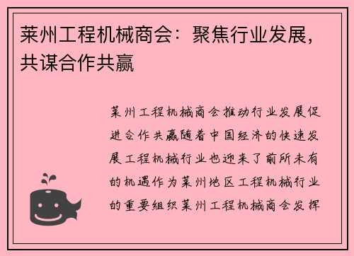 莱州工程机械商会：聚焦行业发展，共谋合作共赢